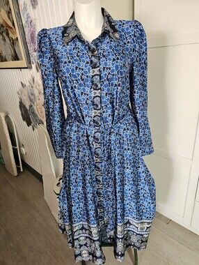 Nicole Miller Size 14 Midi Dress Blue Floral Button Front Belted NWOT